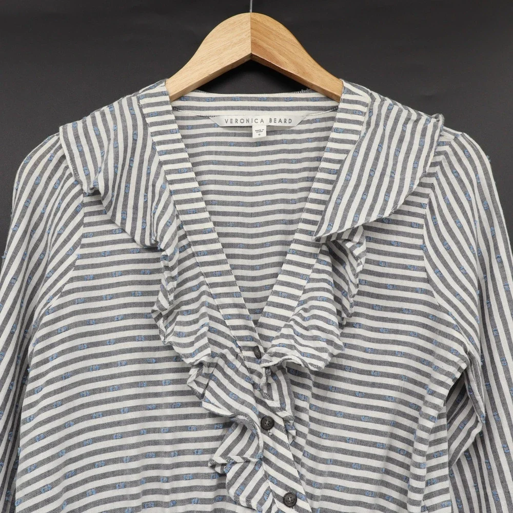 Striped Blue Swiss Dot Long Sleeve Dress Sz 6 - Picture 5 of 10
